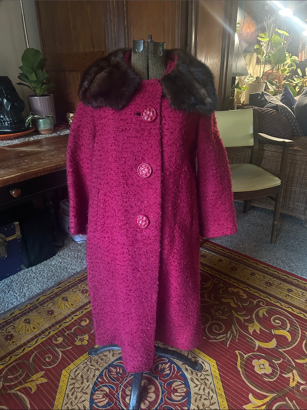 60s True Vintage Magenta Wool satin lined Coat jacket with Fur Collar